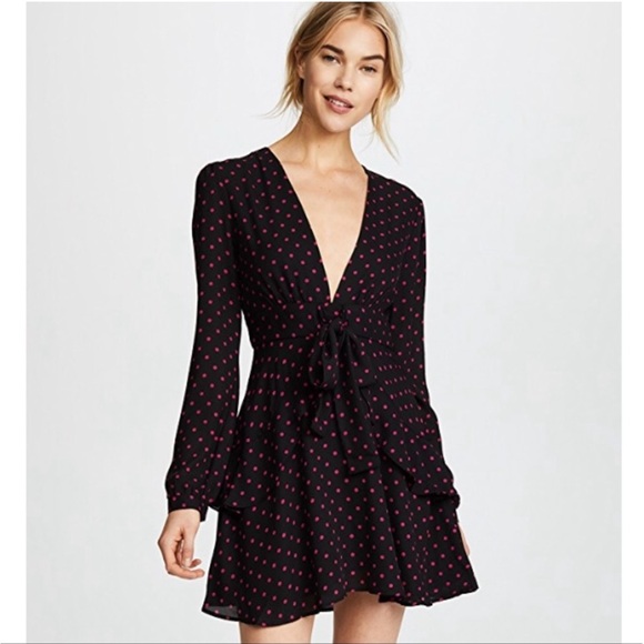 WAYF Womens Black Pink Dot Mini Dress Sz S NWT V-Neck Skater Long Sleeve Roland - Picture 1 of 9